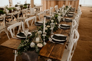 Autumn wedding table set up in white and black