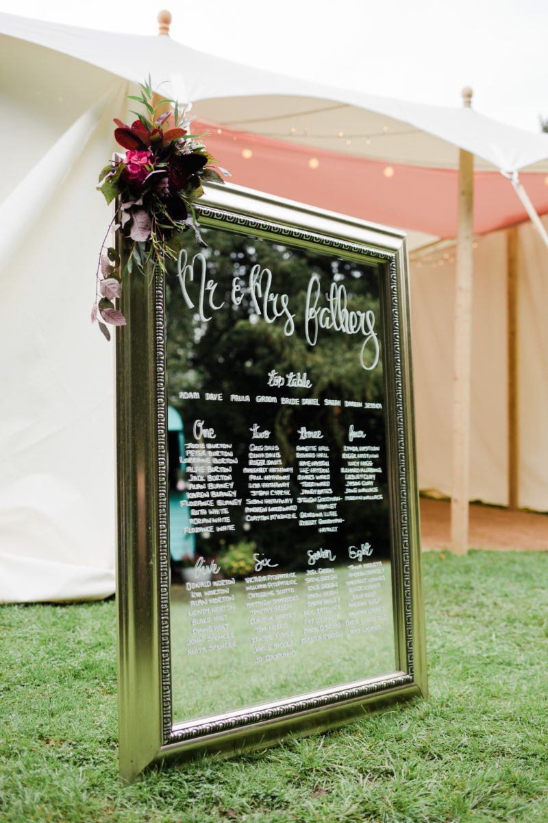 A mirror table plan at a marquee wedding